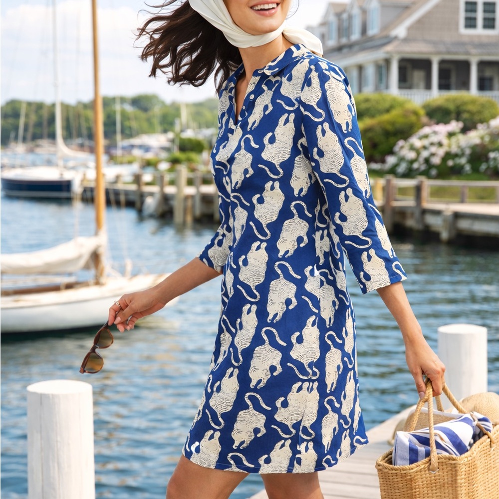 ANNA CATE Blue Tiger Block Print Tunic Dress | Resort | Coastal Preppy | L